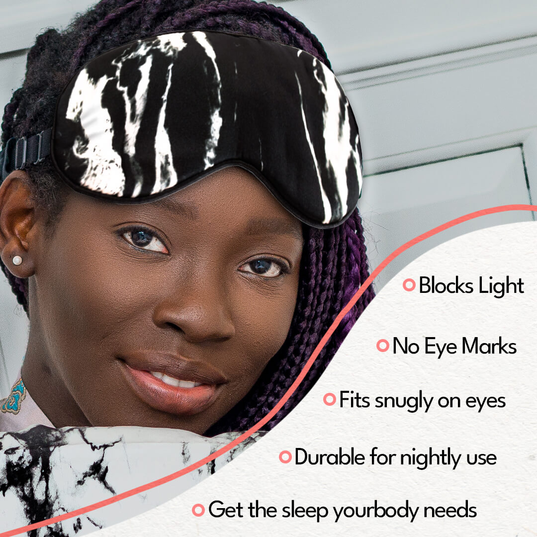 woman with black mulberry silk eye mask with silk filling black marble silk sleep eye mask marble silk eye mask for sleeping