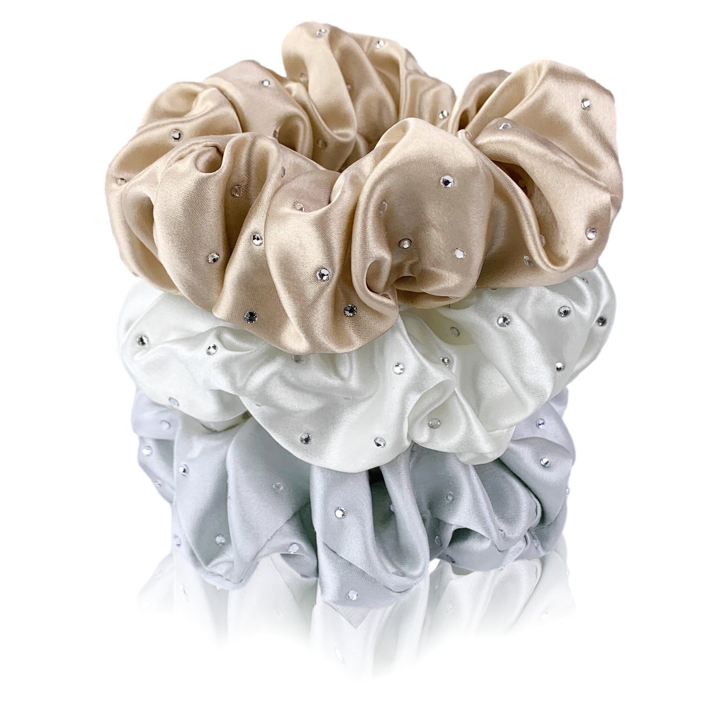 Silk Hair Ties with Crystals: Silver, Taupe & White