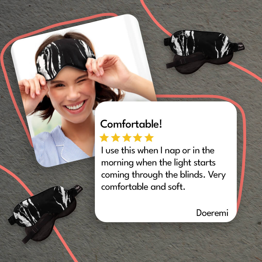 woman sleeping with black mulberry silk eye mask with silk filling black marble silk sleep eye mask marble silk eye mask for sleeping