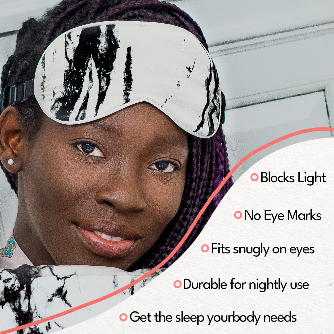 woman with mulberry silk eye mask with silk filling white marble silk sleep eye mask white marble silk eye mask for sleeping