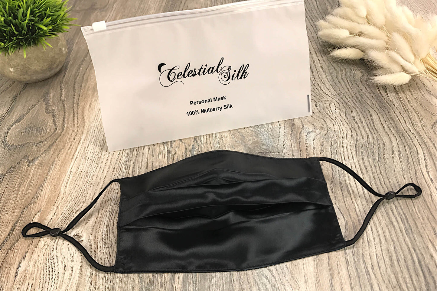 Celestial Silk black pleated face mask with nose wire and adjustable straps