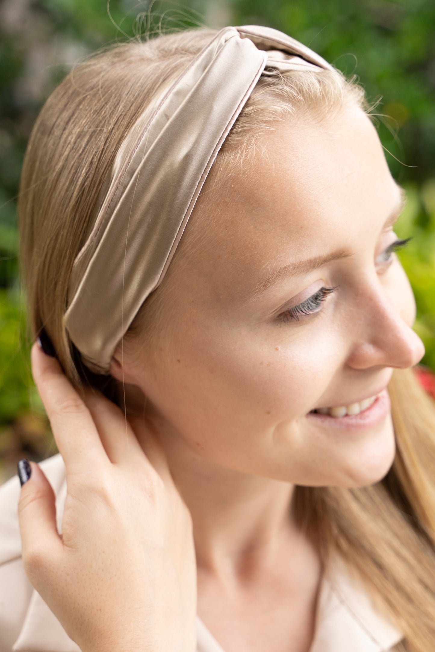 celestial silk twisted taupe silk headband for hair on blonde female