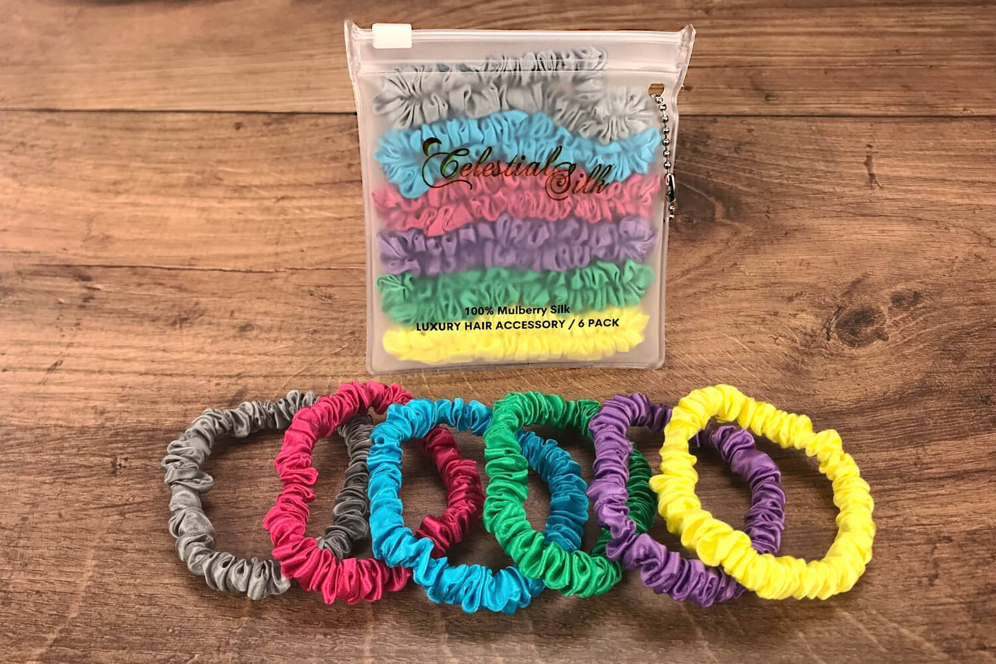 celestial silk mini silk scrunchies 6 piece bright set hot pink purple green yellow aqua silk scrunchy set small silk scrunchy set hot pink purple green yellow aqua