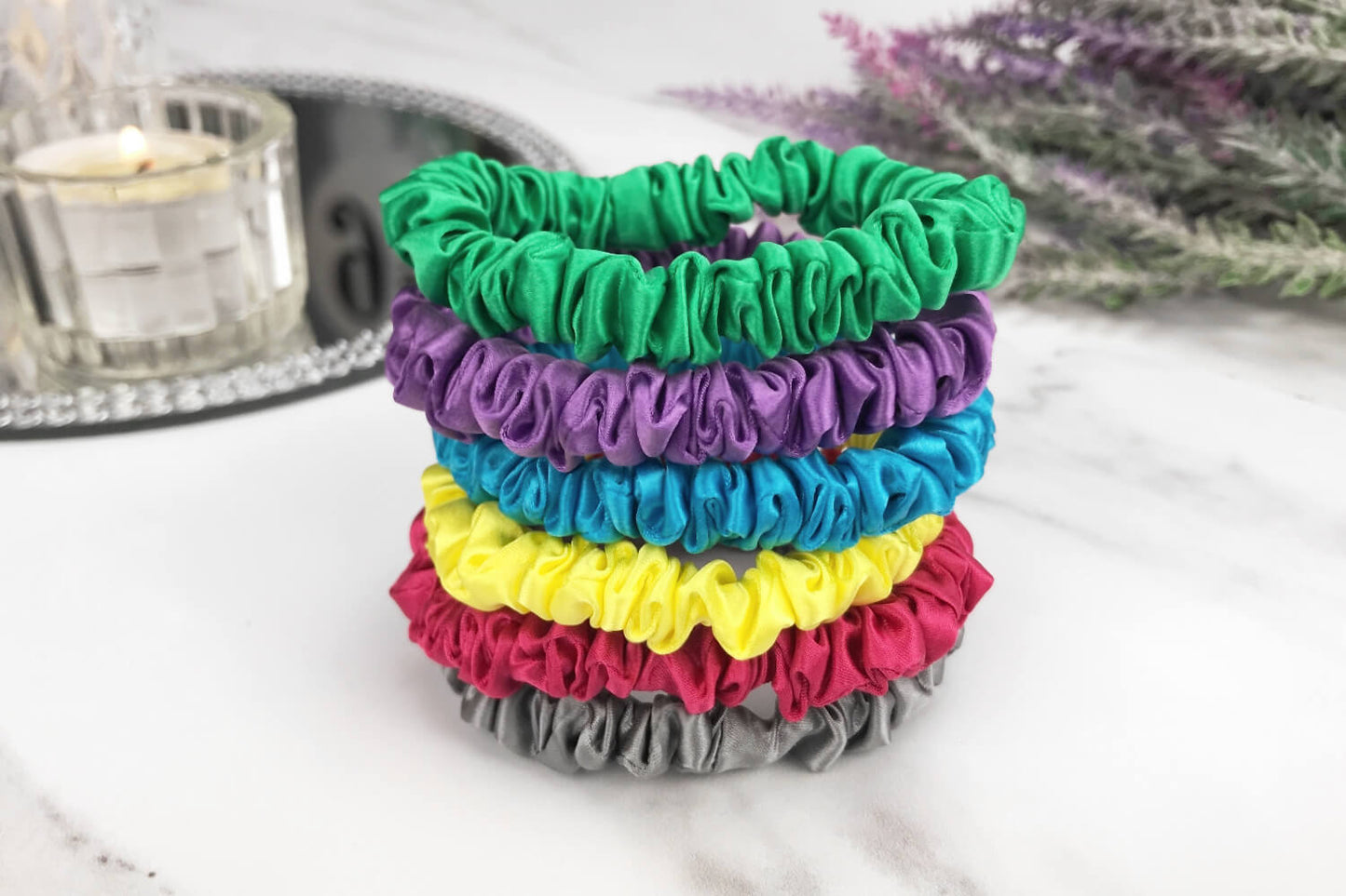 celestial silk mini silk scrunchies 6 piece bright set hot pink purple green yellow aqua silk scrunchy set small silk scrunchy set hot pink purple green yellow aqua