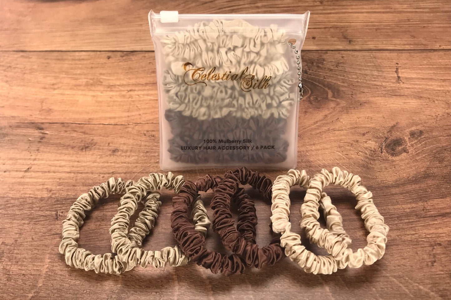 celestial silk mini silk scrunchies brown taupe dark taupe silk scrunchy set small silk scrunchy set chocolate taupe dark taupe brown