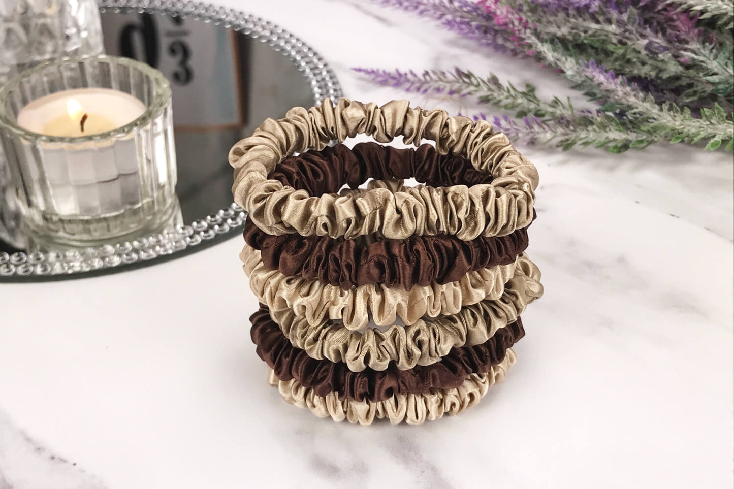 celestial silk mini silk scrunchies brown taupe dark taupe silk scrunchy set small silk scrunchy set chocolate taupe dark taupe brown