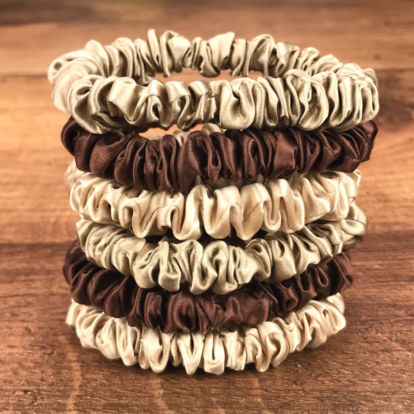 celestial silk mini silk scrunchies brown taupe dark taupe silk scrunchy set small silk scrunchy set chocolate taupe dark taupe brown