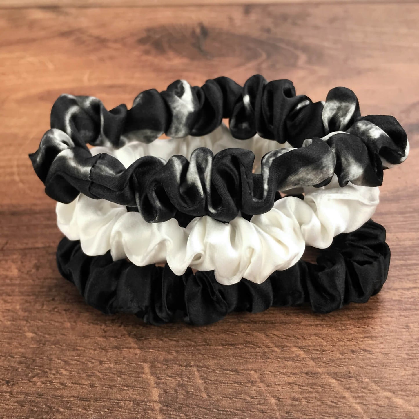 Silk Hair Ties - Ivory White Marble and Black (Skinny)