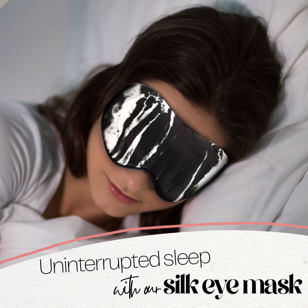 woman sleeping with black mulberry silk eye mask with silk filling black marble silk sleep eye mask marble silk eye mask for sleeping