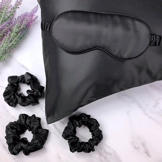 Black Silk Pillowcase, Eye Mask & Scrunchies Gift Set