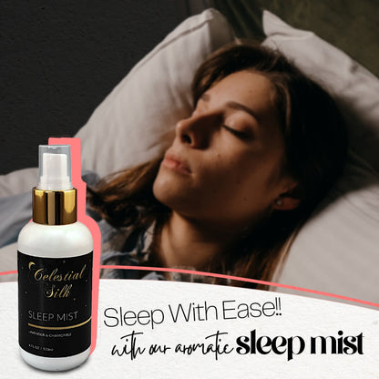 celestial silk sleep mist lavender and chamomile room spray with woman sleeping