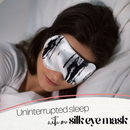  woman sleeping with mulberry silk eye mask with silk filling white marble silk sleep eye mask white marble silk eye mask for sleeping