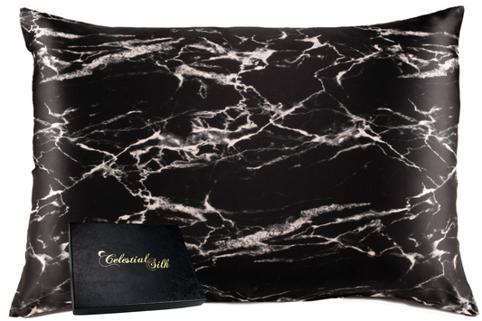 25 Momme Mulberry Silk Pillowcase - King Black Marble Envelope