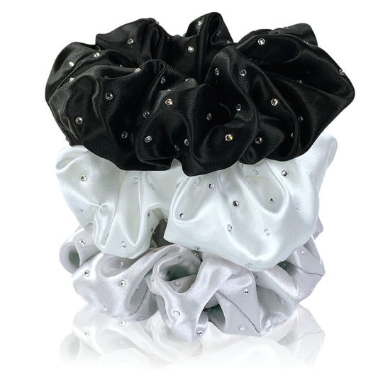 Silk Hair Ties with Crystals: Silver, Black & White