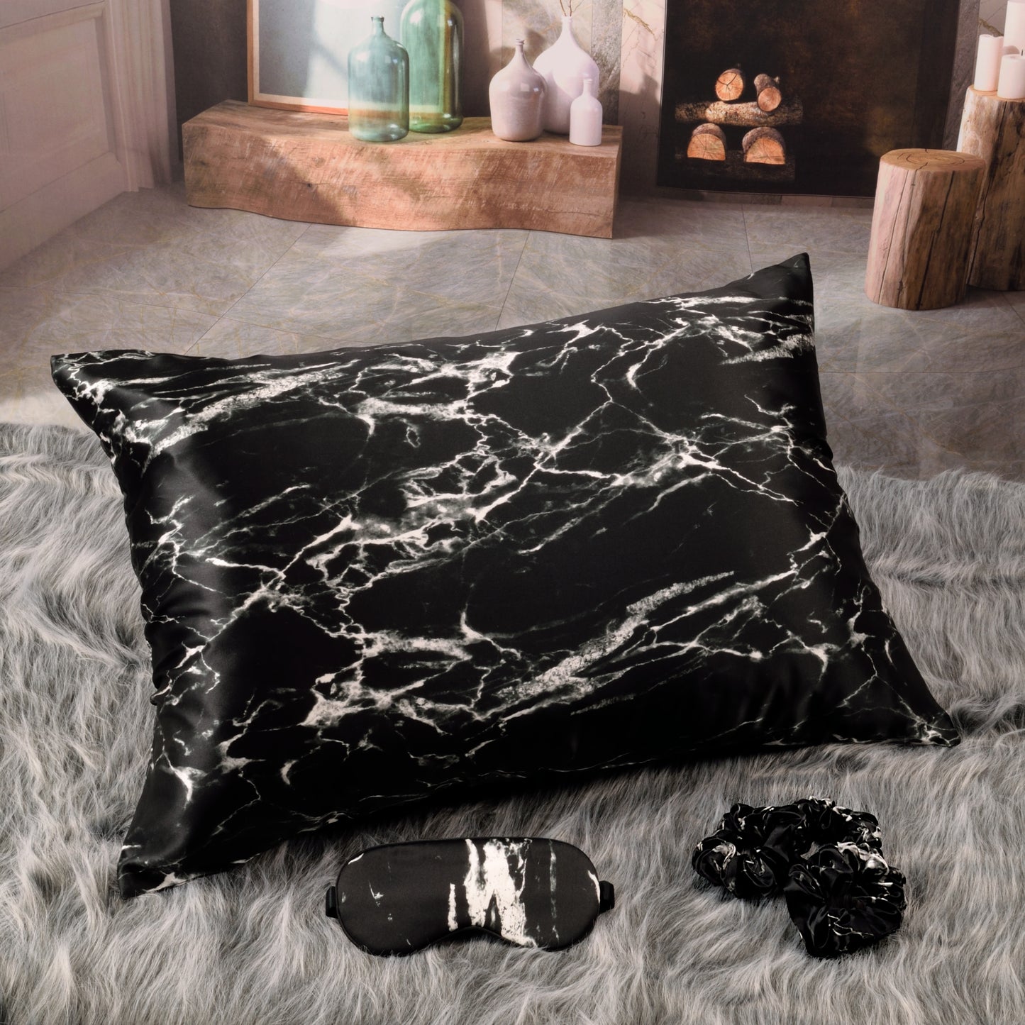 Black Marble Silk Pillowcase, Eye Mask & Scrunchies Gift Set