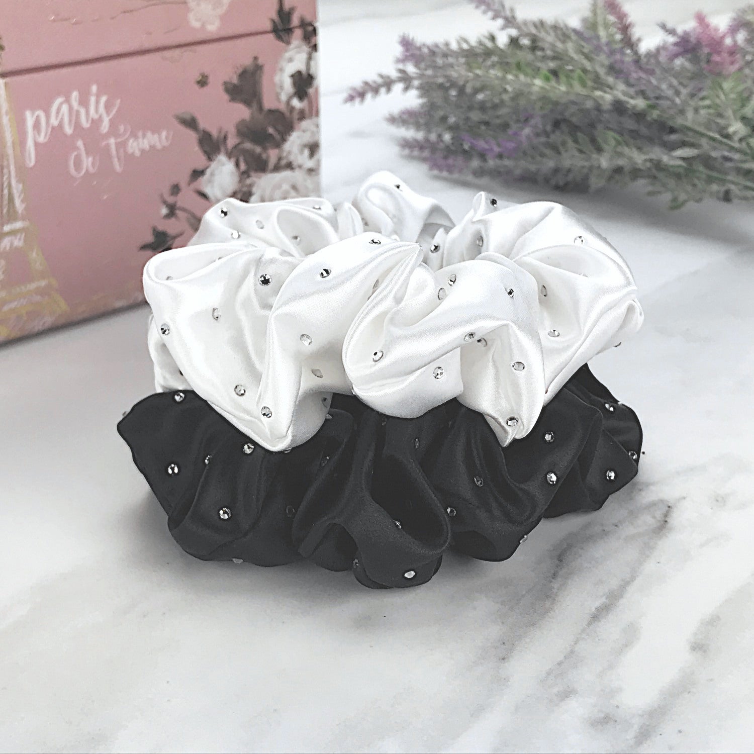 Celestial Silk scrunchies with crystals, silk hair ties with rhinestones black and white silk hair scrunchies on marble table with lavender and pink jewelry box