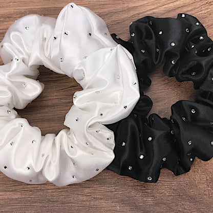 Celestial Silk scrunchies with crystals, silk hair ties with rhinestones black and white silk hair scrunchies on wooden desk