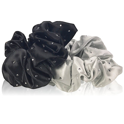 Celestial Silk scrunchies with crystals, silk hair ties with rhinestones black and silver silk hair scrunchies