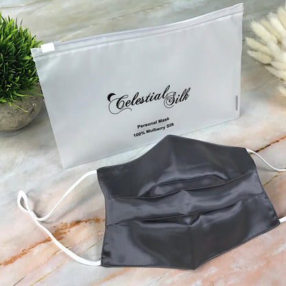 pleated charcoal silk face mask charcoal silk face covering gray silk face mask grey silk face covering with carrying bag