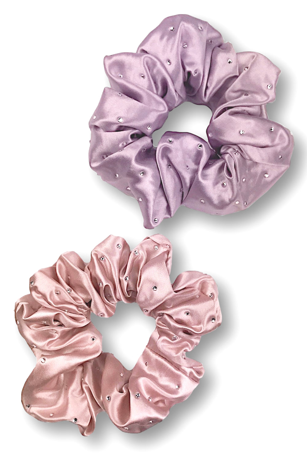 Celestial Silk scrunchies with crystals, silk hair ties with rhinestones pink and purple silk hair scrunchies with white background