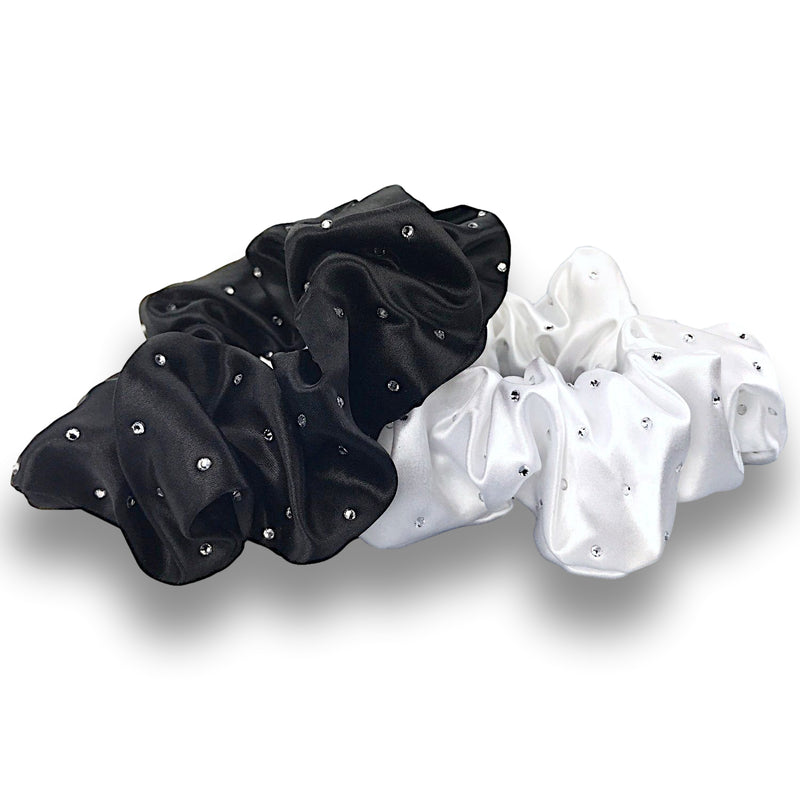 Celestial Silk scrunchies with crystals, silk hair ties with rhinestones black and white silk hair scrunchies with white background