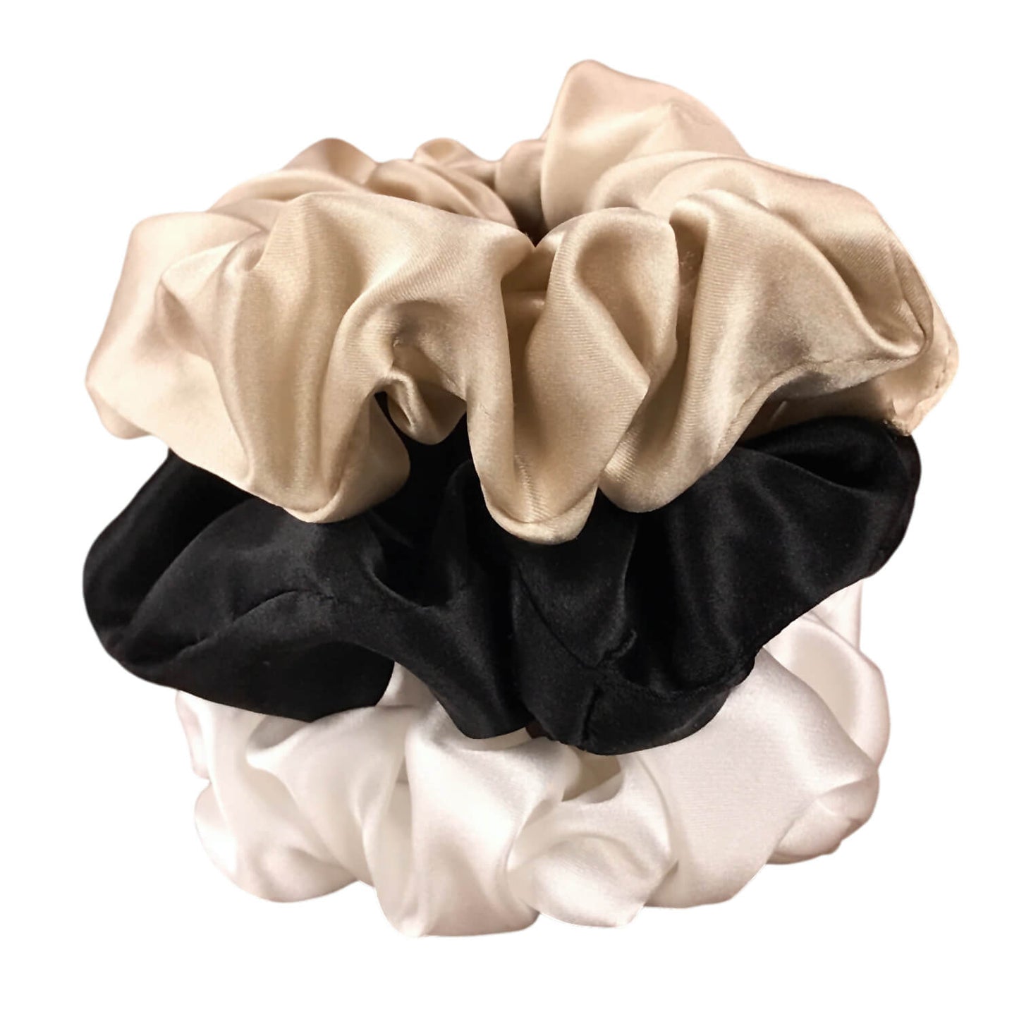 Black taupe and ivory silk scrunchies by celestial silk stacked with a white background