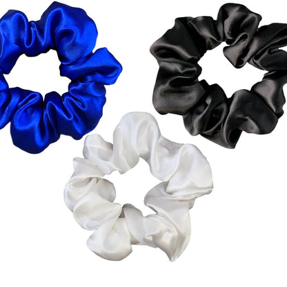 blue white black silk scrunchies mulberry silk scrunchies on white background