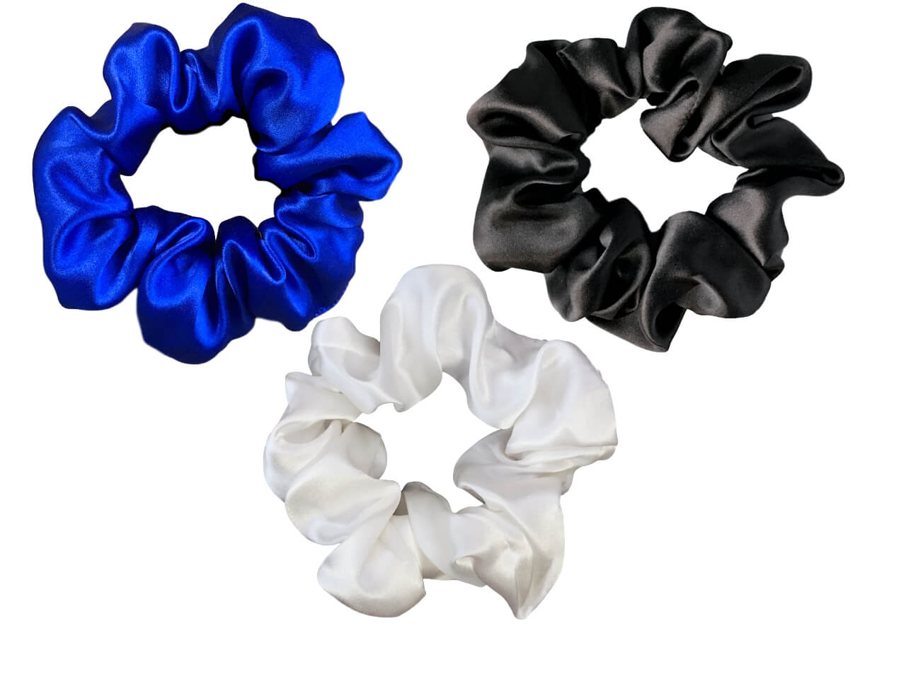 blue white black silk scrunchies mulberry silk scrunchies on white background