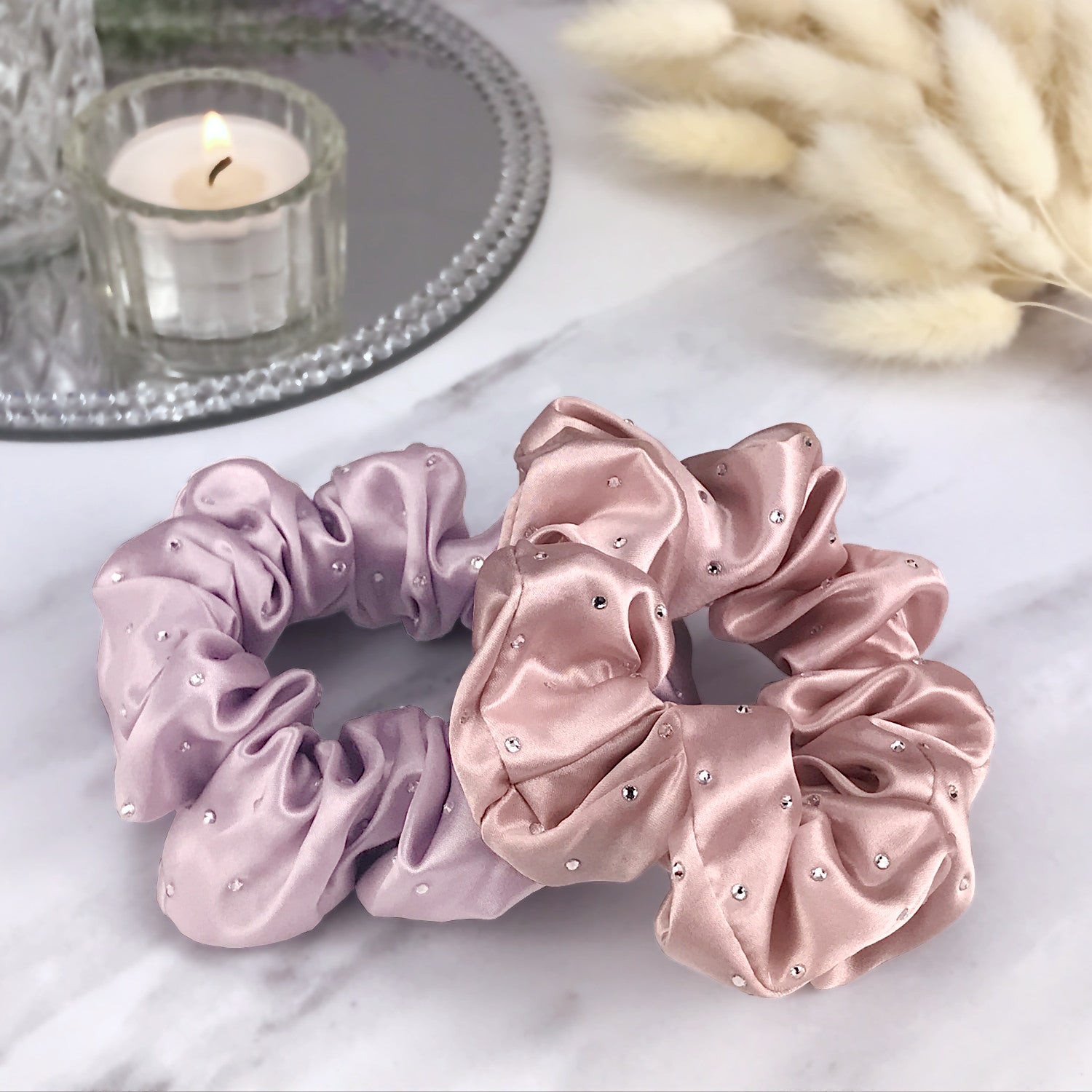Celestial Silk scrunchies with crystals, silk hair ties with rhinestones pink and purple silk hair scrunchies on marble with candle and mirror tray