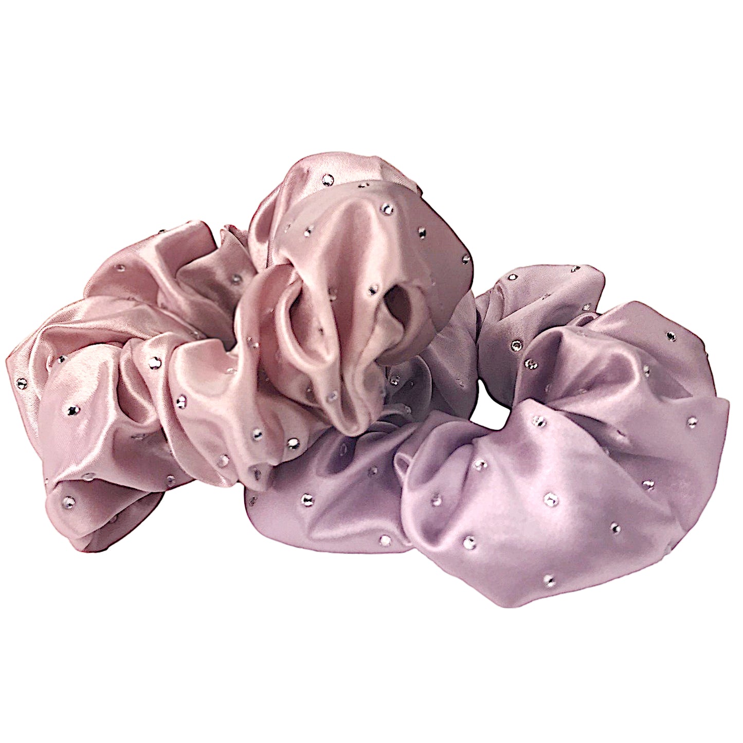 Celestial Silk scrunchies with crystals, silk hair ties with rhinestones pink and purple silk hair scrunchies stacked with white background