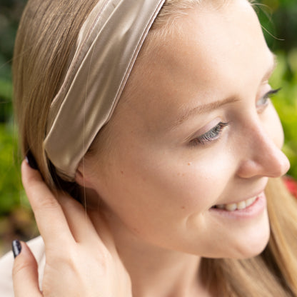 celestial silk twisted taupe silk headband for hair on blonde female