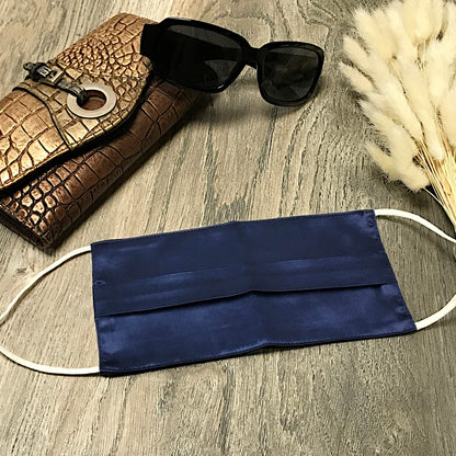 navy blue silk face mask pleated navy silk face covering pure silk face mask 100% mulberry silk face mask lifestyle