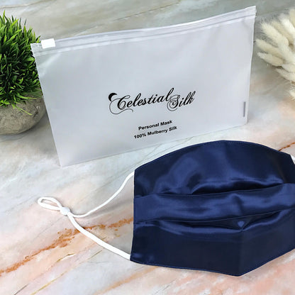 navy blue silk face mask pleated navy silk face covering pure silk face mask with carrying bag