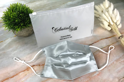 silver pleated silk face covering for mouth silver pleated silk face mask with carrying bag