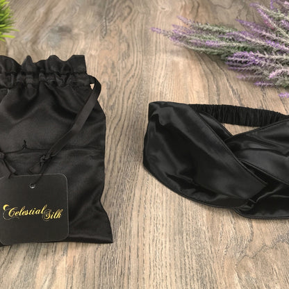 celestial silk twisted silk headband for hair on counter with lavender and satin bag