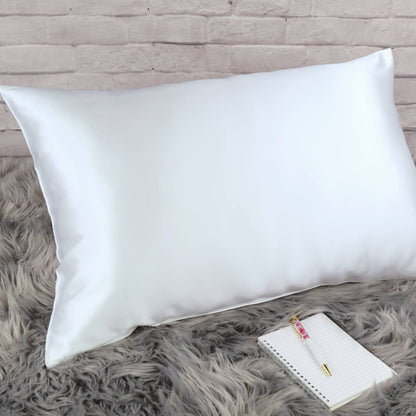 Celestial Silk White 25 momme Silk Pillowcase on rug with notebook and pretty pen