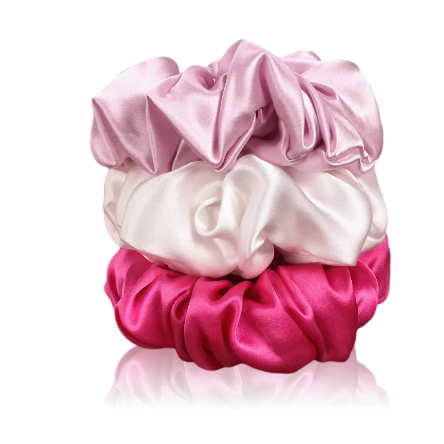 hot pink ivory soft pink silk scrunchies stacked with white background