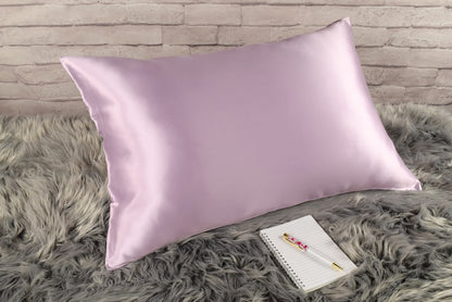Celestial Silk Lavender 25 momme Silk Pillowcase on rug with notebook and pretty pen