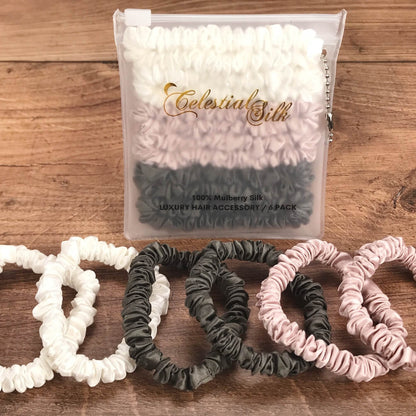 celestial silk mini silk scrunchies pink charcoal ivory silk scrunchy set small silk scrunchy set pink charcoal ivory