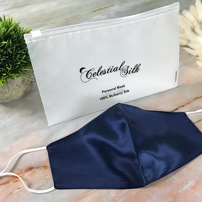 Celestial Silk navy blue silk face mask with nose wire and adjustable straps