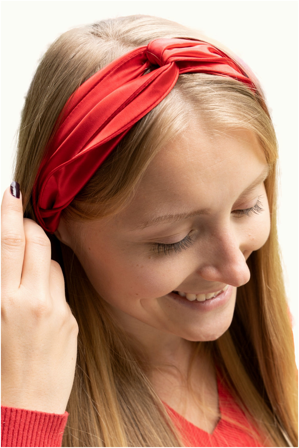 celestial silk twisted red silk headband for hair  on blonde  female