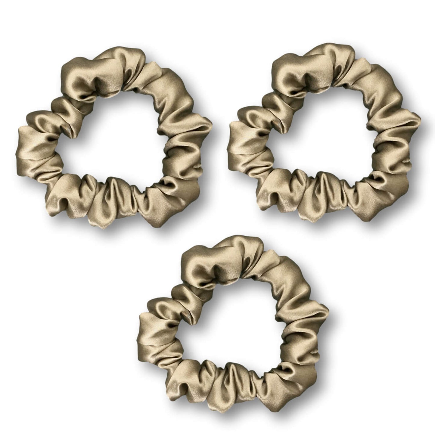 Dark taupe silk scrunchies by celestial silk stacked with a white background