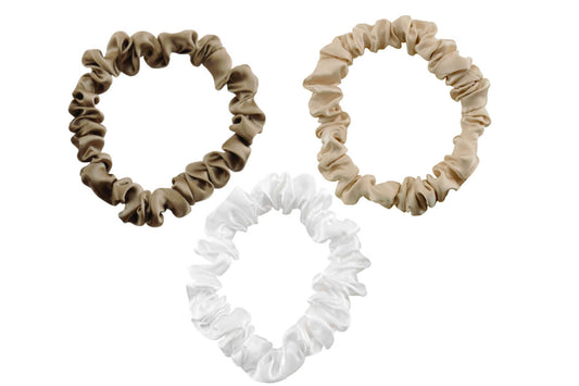 Dark taupe ivory and taupe silk scrunchies by celestial silk stacked with a white background